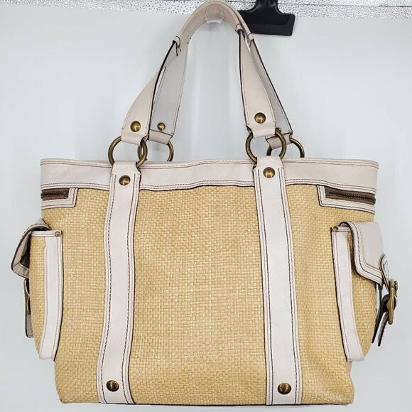 Coach Legacy Natural Woven Straw White Shoulder Handbag Purse Large - Picture 5 of 5
